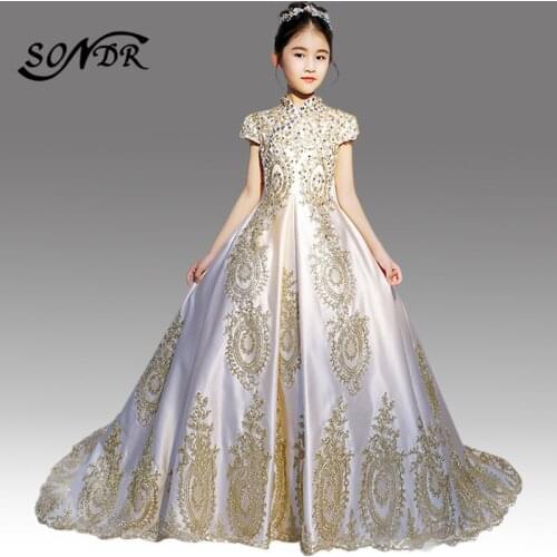 Shining Crystal Flower Girl Dresses HT065 Champagne Embroidery Lace Flower Girl Pageant Ball Gown Train Formal Dress For Kids