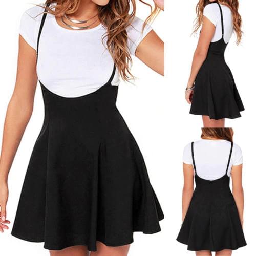 Summer New Womens Pleated Suspender Skirt Brace Bandage Mini Skater Skirts Tunic Party Pleated Black Skirts Plus Size S-2XL