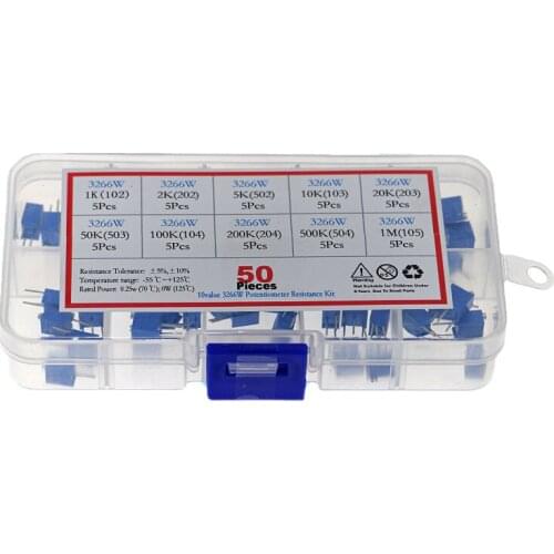 50pcs 3266W multi-turn precision adjustable resistor set 10 kinds of resistance / 5 each / 50 total