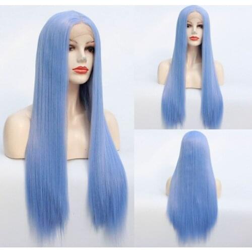 Blue Bird Natural Pastel Blue Hairstyle Long Straight Wigs Heat Resistant Fiber Women Hair Light Blue Synthetic Lace Front Wig