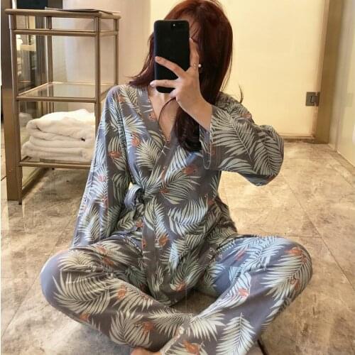 Spring Summer Women Comfortable Pajamas Long Sleeve Cardigan Pants Homewear Leaf Pattern Sleepwear Set