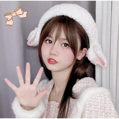 Lolita hat handmade sheep ear plush womens beret autumn and winter cute lamb wool painter hat warm pumpkin hat beanie