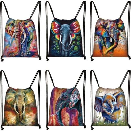 Oil Painting Elephant Drawstring Bag Colorful Canvas Shopping Bags Ladies Storage Pouch for Travel Women Outdoor Activity Bag