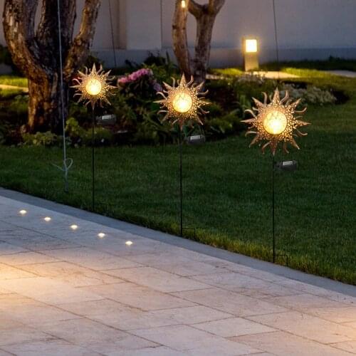 LED Solar Lights Wrought Iron Moon Sun Flame Lights Warm White Garden Lawn Outdoor Decorative Solar Floor Lamp Dropshipping
