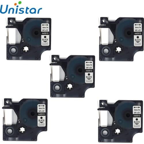 UNISTAR 5 PCS 40910 S0720670 Label Tape Compatible For Dymo D1 Label Maker 9mm Black On Clear LabelManager Free Shipping