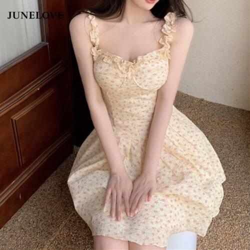 Party Mini Floral Dresses Summer 2021 Ladies Print Sexy Kawaii Strap Dresses For Women Casual Ruffle Sweet Bohemian Beach Dress