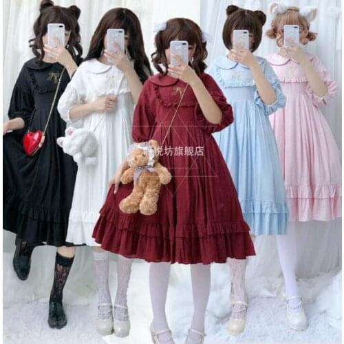 Japanese sweet lolita dress vintage peter pan collar puff sleeve high waist embroidery victorian dress kawaii girl loli cosplay