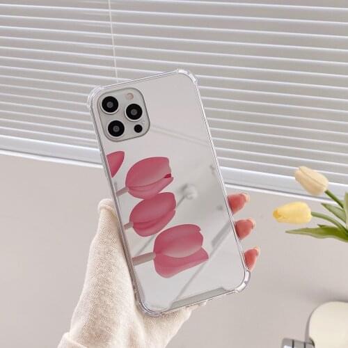 Pink Tulip Blue Geometric Figures Mirror Phone Case for iPhone 12 Pro Max 11 Pro Max XR XS Max 7 8 Plus X 12mini Back Cover