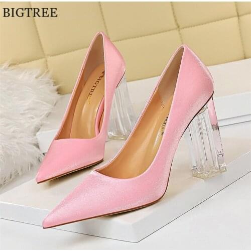 Sexy Nightclub Shoes Womens Transparent Thick Heels Concise Solid Silk Pumps Shallow Pointed Toe Office Fashion Shoes For Lady