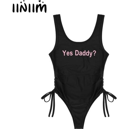 Womens Secy Teddies Clubwear Yes Daddy Letter Print Athletic Sport Bodysuit Sleeveless Ruched Lace-up Bodycon Lingerie Costumes