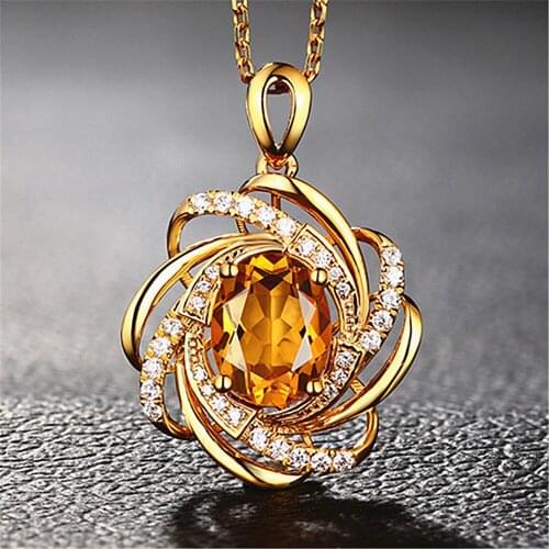 2 CARATS YELLOW CRYSTAL CITRINE GEMSTONES DIAMONDS PENDANT NECKLACES FOR WOMEN GOLD TONE CHOKER CHAIN JEWELRY BIJOUX BAGUE GIFTS