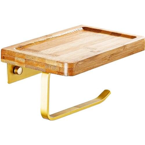 Bathroom paper holder bamboo with metal paper shelf toilet phone holder with paper holder wall paper rack JU31216