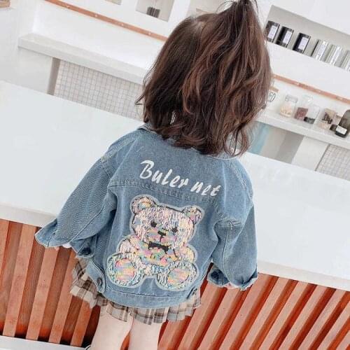 Kids Denim Jackets for Girls Baby Little bear sequins Coats Spring Autumn Fashion Child Kids Outwear Ripped Jeans Jackets Jean