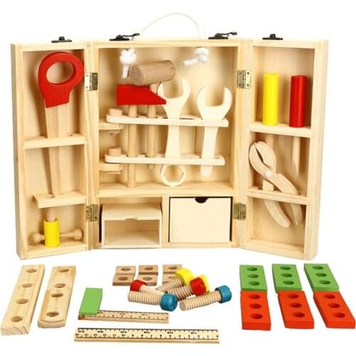 Kids Wood Toolbox Kit Educational Toys Simulation Repair Tools Toys Drill Game Learning Engineering Puzzle Toys Gifts For Boy