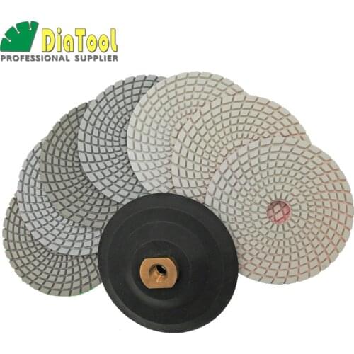 DIATOOL 7 pks 5" White Resin Bond Polishing Pads plus a Rubber Backer 125MM Wet Diamond Sanding Disc for Marble & Granite