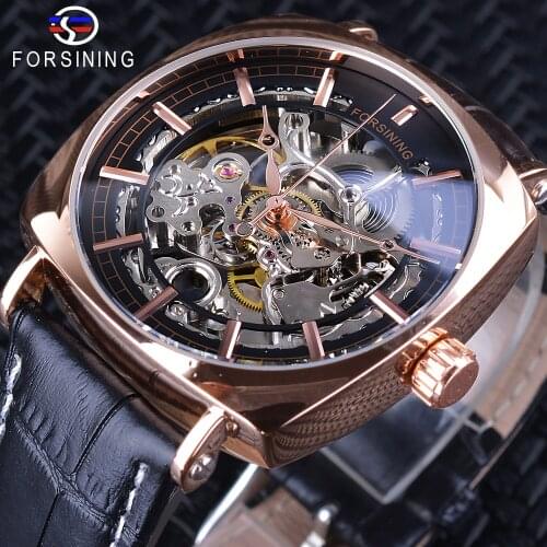 Forsining 2018 Black Genuine Leather Fashion Square Clock Men Skeleton Wristwatches Mens Automatic Waterproof Mechanical Watch