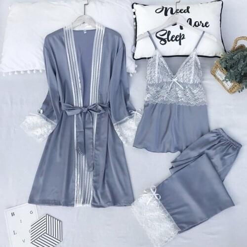 Robe+braces Skirt+shorts) 3-piece Set Womens Fashion Homedress Bathrobe Suit Nightdress Night-robe Ice Silk Sexy Home Clothing
