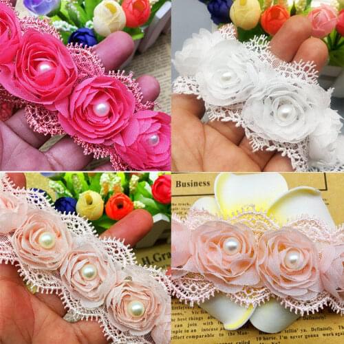 20x Pearl Beaded 3D Chiffon Rose Flowers Lace Trim Ribbon Fabric Handmade Embroidered Applique Wedding Dress Sewing Craft Decor