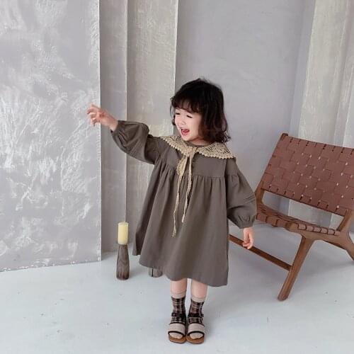 Korean style fashion little princess loose long sleeve dress with lace cappa Girls cotton casual all-match dresses