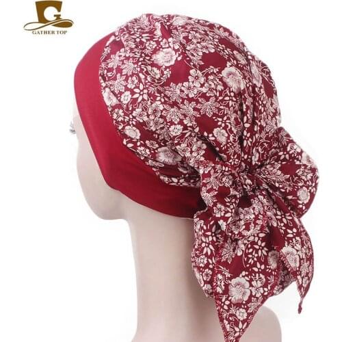 New fashion Vintage elastic women cotton head scarf chemo cap bowknot turban headband Sleeping Bonnet head wrap hair loss cap