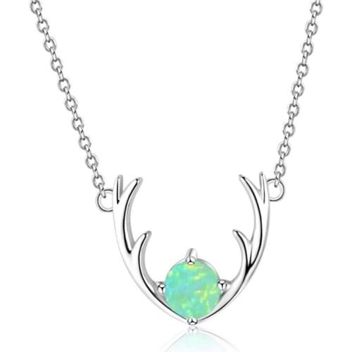Deer Horn Silver Plated 4 Colors Opalite Opal Pendant Link Chain Necklace for Women Jewelry
