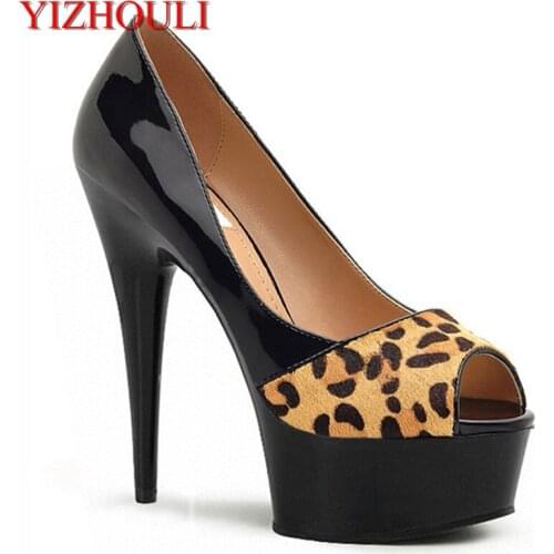 6 inch Sexy leopard print high heels With Platform Crystal shoes 15cm lady Exotic Dancer shoes peep toe sexy shoes