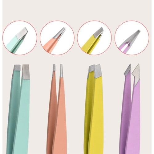 4 Colors Eyebrow Tweezer Hair Slanted Puller Stainless Steel Eye Brow Clips Hair Removal Makeup Tool Slant Tip Eyelash Tweezer