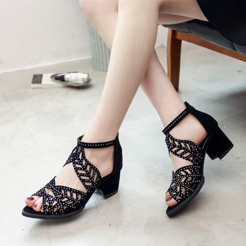 Fashion Woman Sandals Sexy High Heels Womens Sandals Summer Hollow Out Faux Leather Rhinestone Casual Zipper Fish Mouth Sandals
