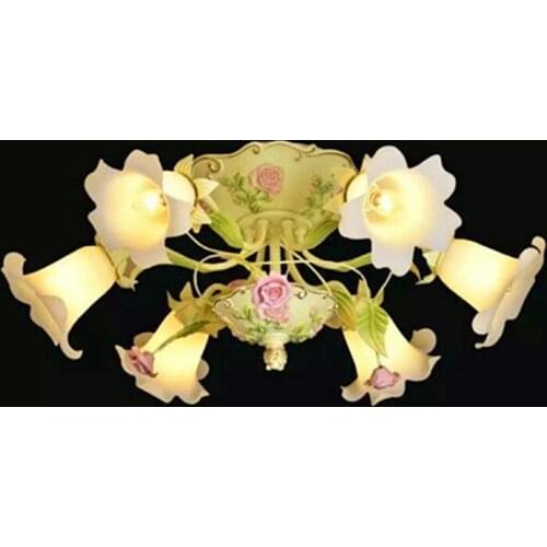 Garden style warm romantic ceramic rose flower glass lampshade living room ceiling light