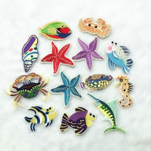 50pcs/lot Embroidery Patch Clothing Decoration Accessories Underwater Sea Animal Starfish Crab Fish Iron Heat Transfer Applique