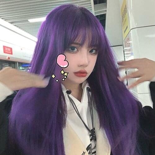 2020 New Anime Cosplay Air Bangs High Temperature Silk Chemical Fiber Lemon purple Orange 70cm Long Hair