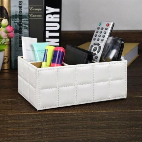 4-slot Feel shipping home office wood PU leather desk sundries makup remote controller stationery storage box case holder 253B