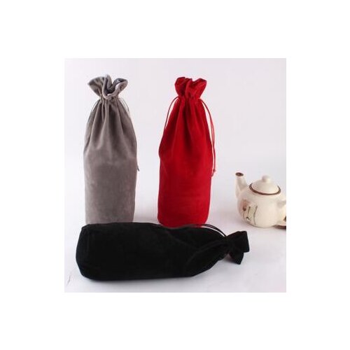 High Quality Black/Red/Grey 10x33cm Round Bottom Cosmetic Velvet Pouch Big Drawstring Gift Bag Wine Bottle Packaging Bags