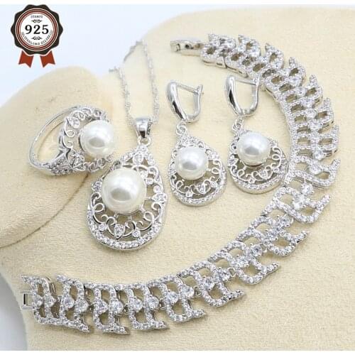 White Pearl Silver Color Jewelry Set for Women Zircon Bracelet Earring Necklace Pendant Ring Wedding Birthday Gift