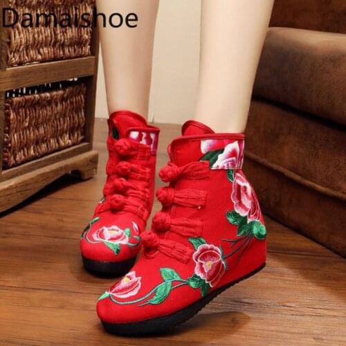 Shoes Womens Winter Fleece-Lined Ethnic Style Embroidered Short Boots Non-Slip Warm Cotton Shoes Wedge Hidden Heel Casual Shoes
