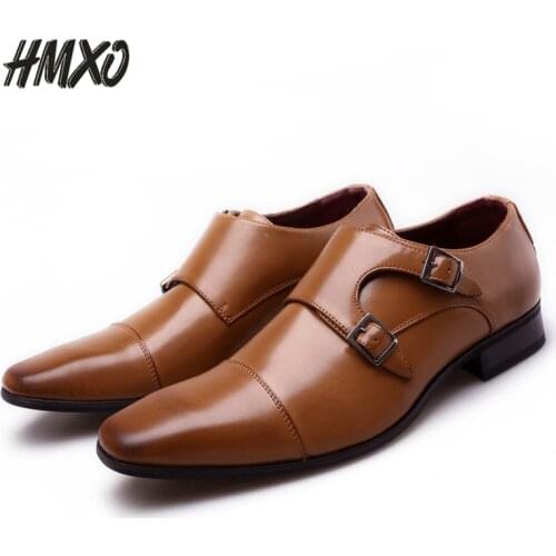HMXO Business Leather Shoes Men Square Toe Formal Wear Men Casual Shoes Triple Monk Buckle Pointed Toe Fashion Men Leather Shoes