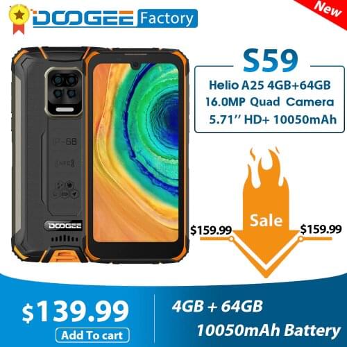 DOOGEE S59 10050mAh Battery Smartphone 4GB+64GB Octa Core Mobile Phone 5.71'' HD+ 2W Loud Volume Speaker Cellphone