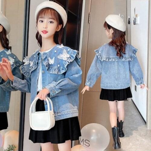 Girls Denim Jacket Butterfly 4-13T Kids Spring Teenage Fashion Big Turn Down Collar Casual Coat Ruched Design Tops Baby Outwear