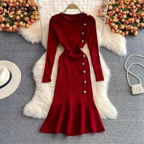 Neploe Temperament Knitted Bottoming Dress Women C-neck Slim Fishtail Robe Autumn Winter 2021 New Embroidered Flares Vestido