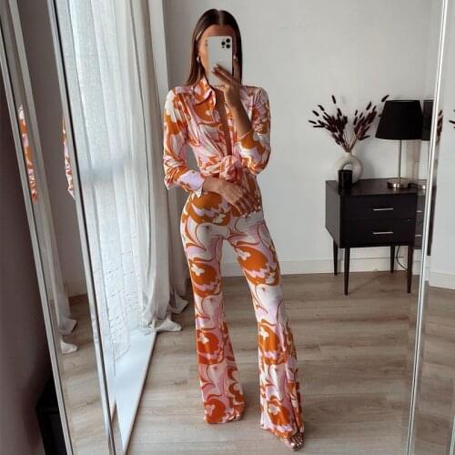 Foridol Flower Print Boho Pants Sets Suits Women Long Sleeve Shirt Long Pants Skinny Orange Women Set 2021 Floral Matching Set