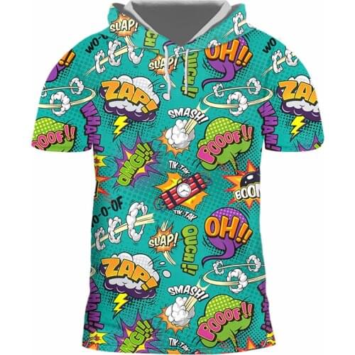 IFPD 3D Comic Graffiti Print Hip Hop Hooded T Shirts Casual Street Style Anime Short Sleeve Shirt Men Streetwear Oversize 6XL