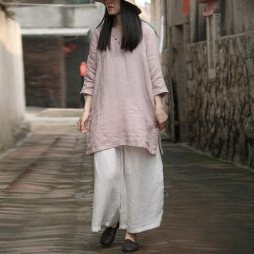 Johnature Women Pink Chinese Style Shirts Button V-Neck Blouses 2021 Spring New Ramie Tops Female Vintage Loose Long Shirts