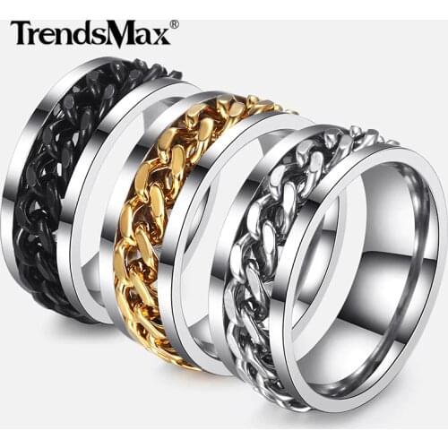 Trendsmax Mens Ring Punk Rock Accessories Stainless Steel Black Chain Spinner Rings For Men Jewelry 3 Color USA Size 7-12 KRM30