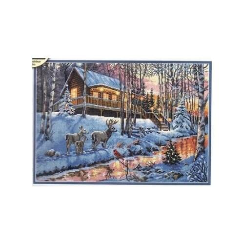 COTTON Counted Cross Stitch Kit Winter Cabin Chalet Hut Snow Deer and River Brook Creek dim 08976