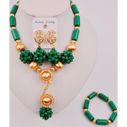 Beautiful Opaque Green Nigerian Wedding African Beads Jewelry Set Crystal Costume Necklace Jewellery ZAQ6-07