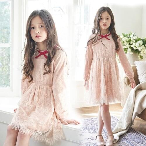 10 12 years Princess Lace Dress Girl Red Bow Long Sleeve Knee Length Sweet Dresses Girls Outfit New 2020 Spring
