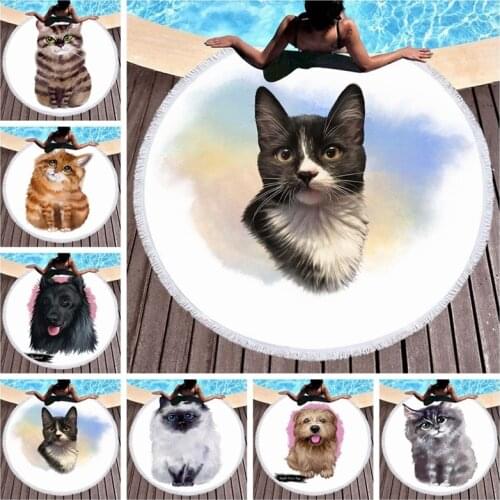 Summer Large Microfiber Round Beach Towel 3d Cartoon Cat Printed Tapestry For Adults Tassel Bath Towel Yoga Mat Travel Blankets