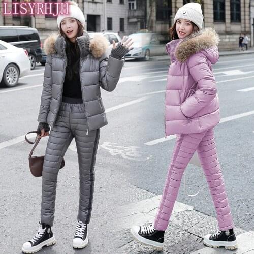LISYRHJH women 2020 winter Parka Real fur collar hooded cotton jacket coat pants suits female Down cotton 2 piece sets warm
