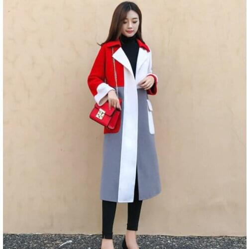 Womens woolen coat fashion streetwear stitching long top 2020 spring ladies trench coat oversize wool blend female coat outdoor