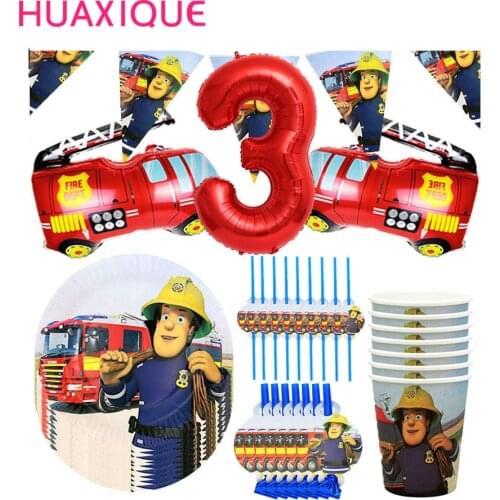 Fireman Sam Birthday Party Decor Disposable Tableware Paper Cup Plate Straw Happy Birthday Banner Fire Engine Truck Ballon Globo